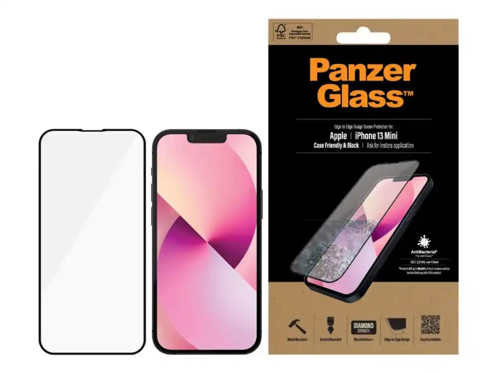 PanzerGlass™ Case-Friendly - Skærmbeskytter för mobiltelefon - Edge-to-Edge passform - ramfarve sort Apple iPhone 13 mini