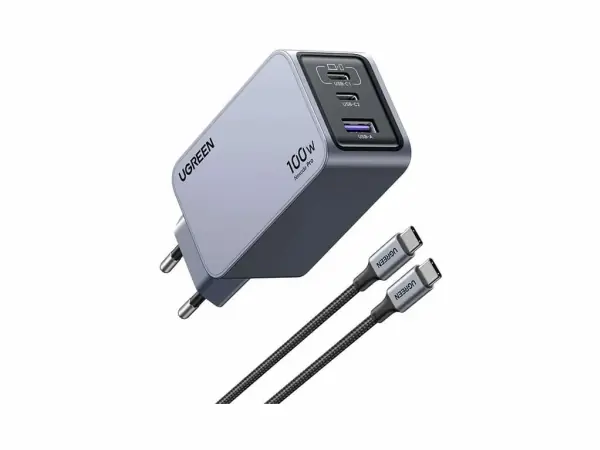 Kampanj Ugreen Nexode Pro EU 3-Port GaN PD Fast Charger With USB-C Cable, inomhus, AC, Svart, Grå