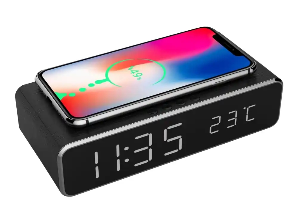 Gembird Digital väckarklocka med trådlös laddning Svart, Digital väckarklocka, rektangel, svart, iPhone X/XS/XR, iPhone 8, Galaxy S8/S7/S6, LCD Endast denna vecka