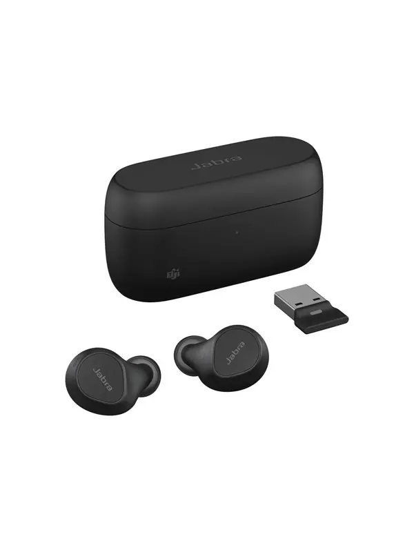 Jabra Evolve2 Buds MS - True wireless-hörlurar med mikrofon - inuti örat - Bluetooth - aktiv brusradering - USB-A via Bluetooth-adapter - ljudisolerande - svart - Certifierad för Microsoft-teams Begränsad tid