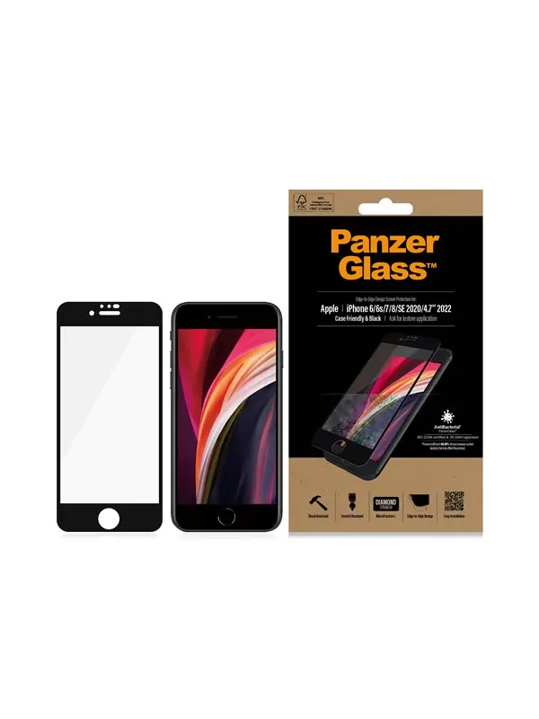 PanzerGlass™ Case-Friendly - Skærmbeskytter för mobiltelefon - Edge-to-Edge passform - ramfarve sort Apple iPhone 6, 6s, 7, 8, SE (2. generation) Köp nu