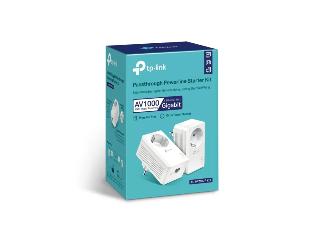 TL-PA7017P Kit AV1000 Gigabit Passthrough - Powerline-adapter - GigE, HomePlug AV (HPAV), HomePlug AV (HPAV) 2.0, IEEE 1901 - kan slutas till vægstik (Pack med 2) Sänkt pris