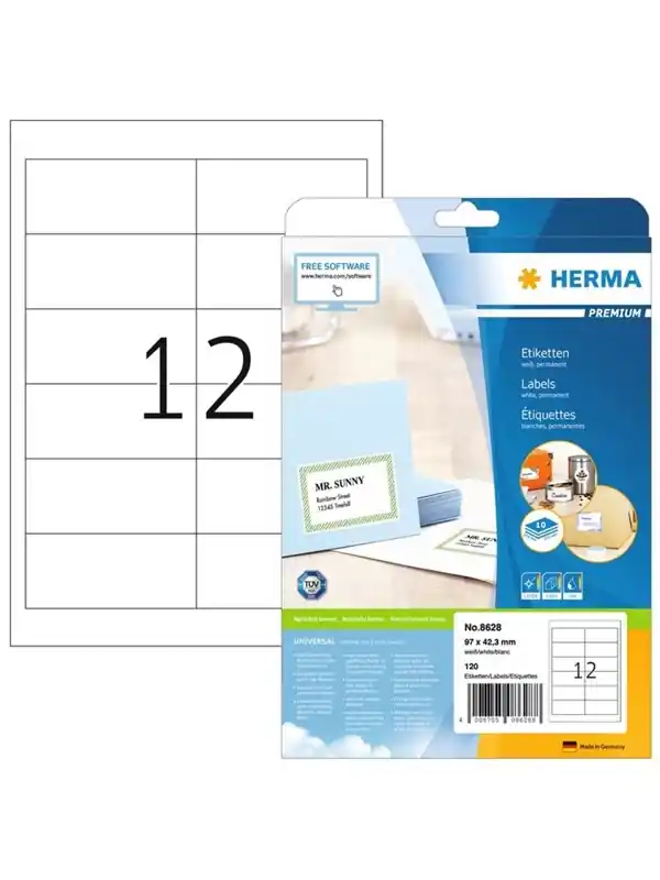 HERMA Premium - Papper - matt - permanent självhäftande - vit - 97 x 42.3 mm 120 etikett (er) (10 ark x 12) laminerade etiketter Begränsad tid