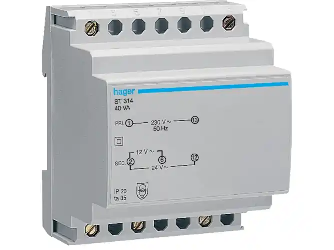 Billigare HAGER Säkerhetstransformator ST314, primär 230V, sekundär 12/24V, 40VA, 50-60Hz, 72mm bred, för DIN-skena