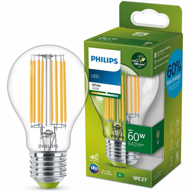 Philips - LED-glödlampa med filament - form A60 - klar finish - E27 - 4 W (motsvarande 60 W) - klass A - vitt ljus - 3000 K Billig