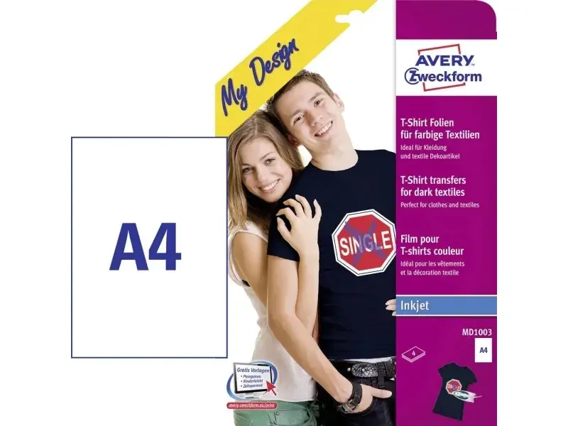 Avery Zweckform My Design Textilfolie für farbige Textilien - A4 (210 x 297 mm) 4 ark mønsteroverførsler Expressleverans